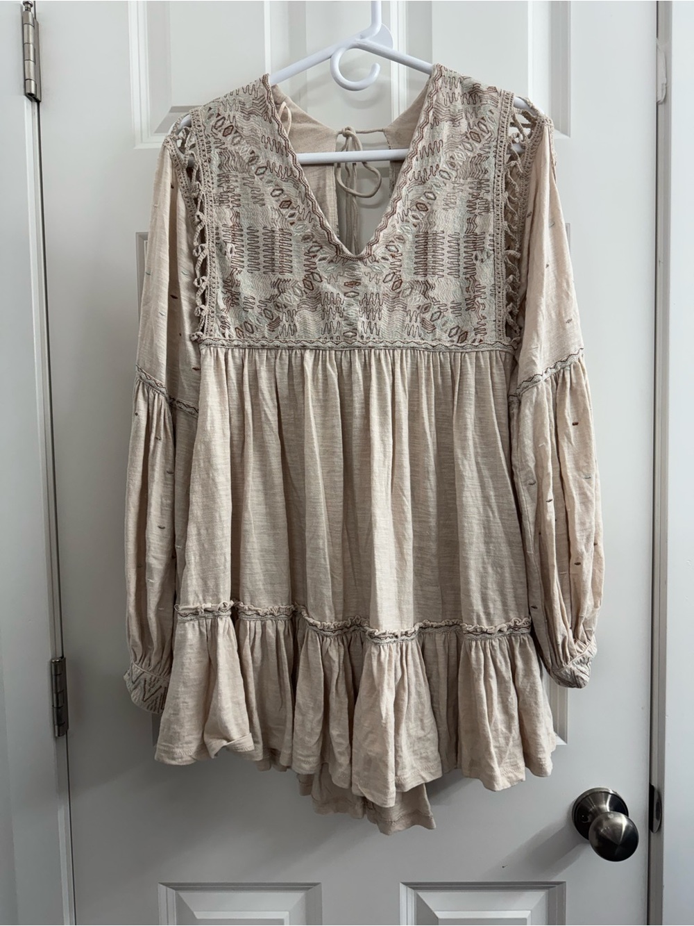 Free People Boho Embroidered Babydoll Mini Dress Cream Crochet Sleeve Small - Picture 2 of 11